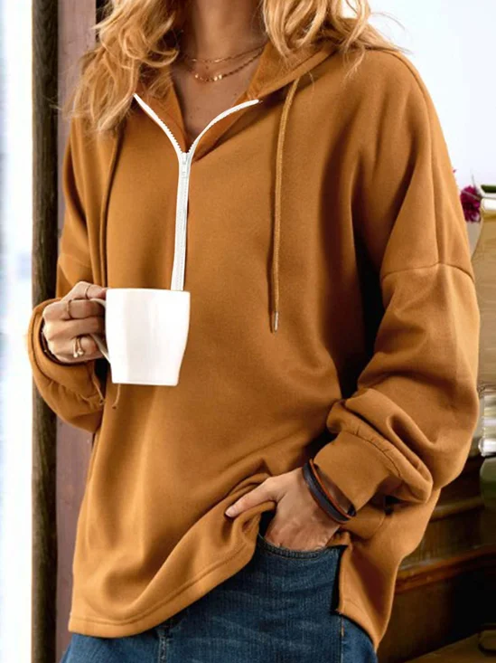 Lässig Kapuze Unifarben Sweatshirt Reißverschluss