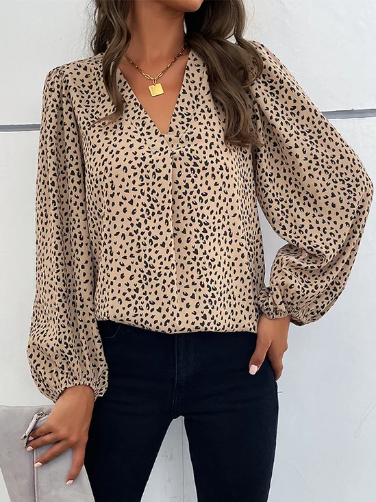 V-Ausschnitt Langarm Leopard Regelmäßig Mikroelastizität Weit Bluse für Damen