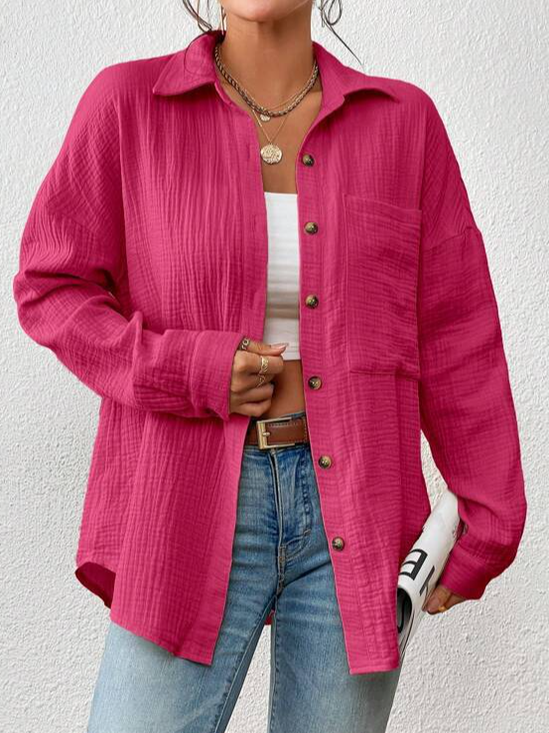 Hemdkragen Langarm Unifarben Regelmäßig Weit Bluse für Damen