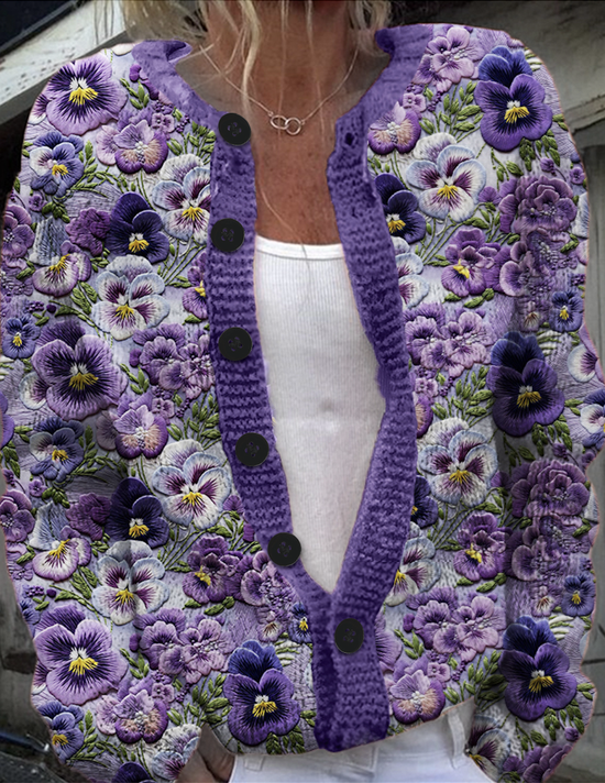 Damen Gestrickt Pflanzen Langarm Bequem Lässig Strickjacke