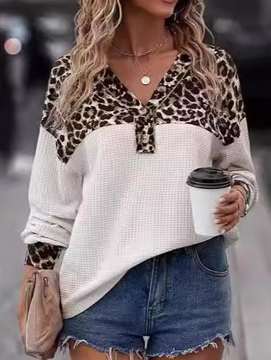 V-Ausschnitt Langarm Leopard Regelmäßig Mikroelastizität Weit Bluse für Damen