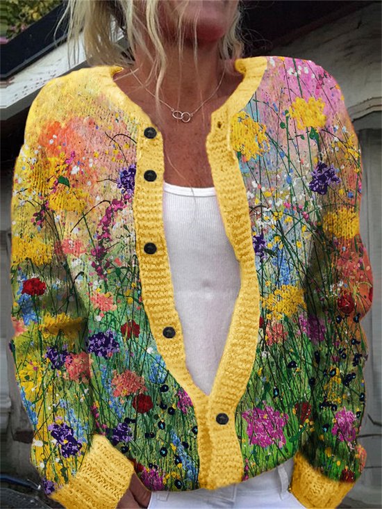 Damen Gestrickt Geblümt Langarm Bequem Lässig Strickjacke