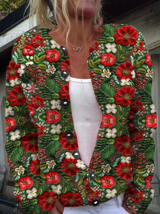 Damen Gestrickt Geblümt Langarm Bequem Retro Strickjacke