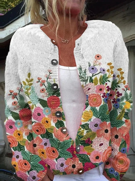 Damen Gestrickt Geblümt Langarm Bequem Retro Strickjacke