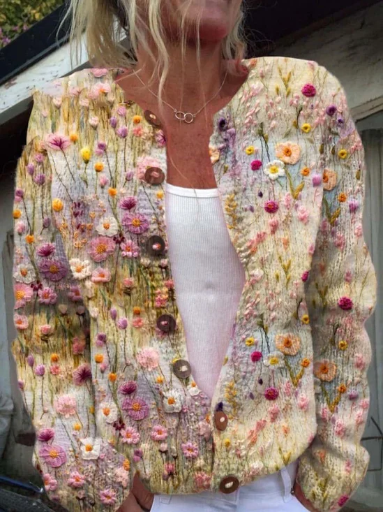 Damen Gestrickt Geblümt Langarm Bequem Retro Strickjacke
