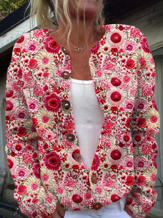 Damen Gestrickt Geblümt Langarm Bequem Retro Strickjacke