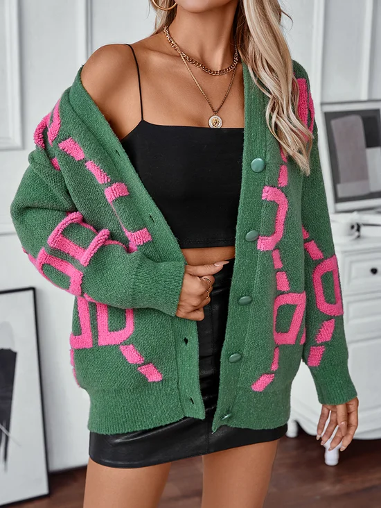 Damen Wolle/Stricken Abstrakt Langarm Bequem Lässig Strickjacke