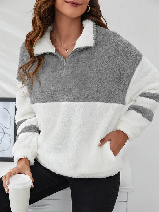 Lässig Schalkragen Farbblock Sweatshirt Reißverschluss