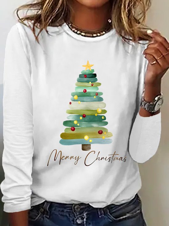Lässig Weihnachtsbaum Rundhals Langarm T-Shirt