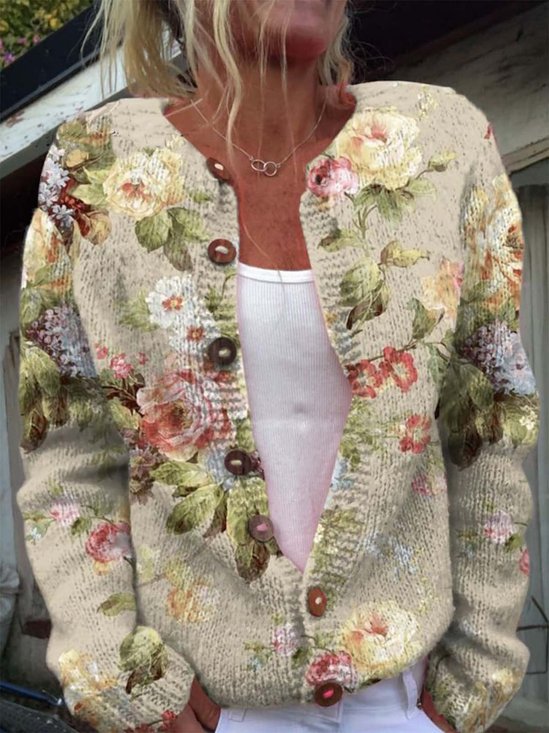 Damen Gestrickt Geblümt Langarm Bequem Retro Strickjacke