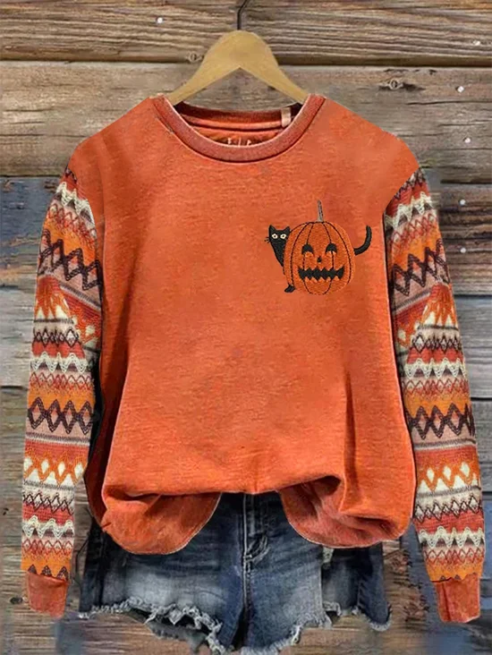 Retro Rundhals Halloween (Kürbis) Sweatshirt Print