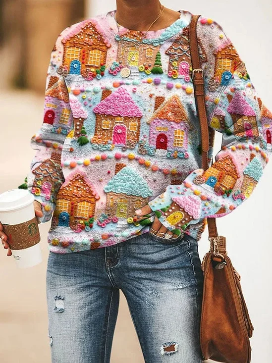 Lässig Rundhals Weihnachten Sweatshirt Reißverschluss