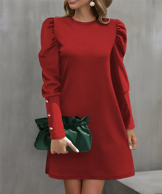 Damen Unifarben Rundhals Langarm Bequem Lässig Midikleid