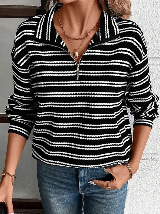 Lässig Schalkragen Gestreift Sweatshirt Reißverschluss