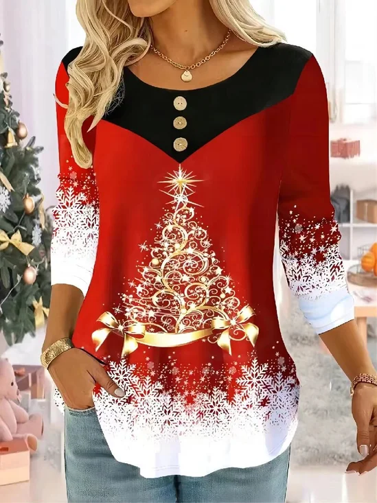 Rundhals Langarm Weihnachten Regelmäßig Mikroelastizität Weit Bluse für Damen