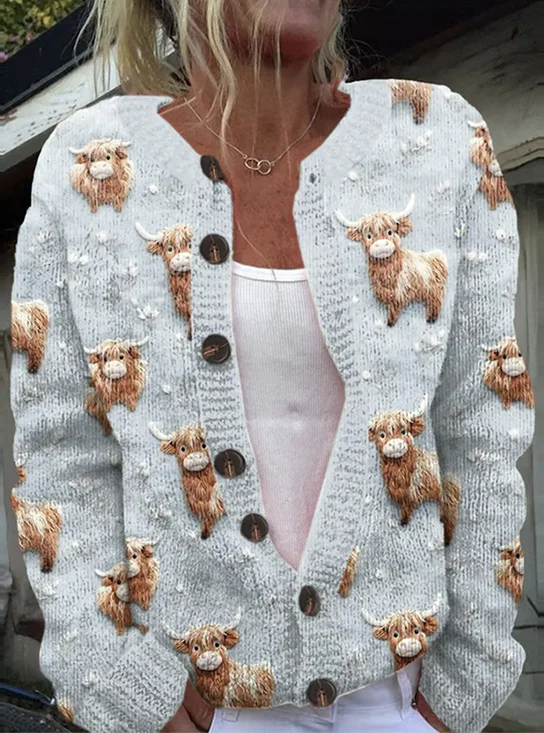 Damen Wolle/Stricken Malerei Langarm Bequem Lässig Strickjacke