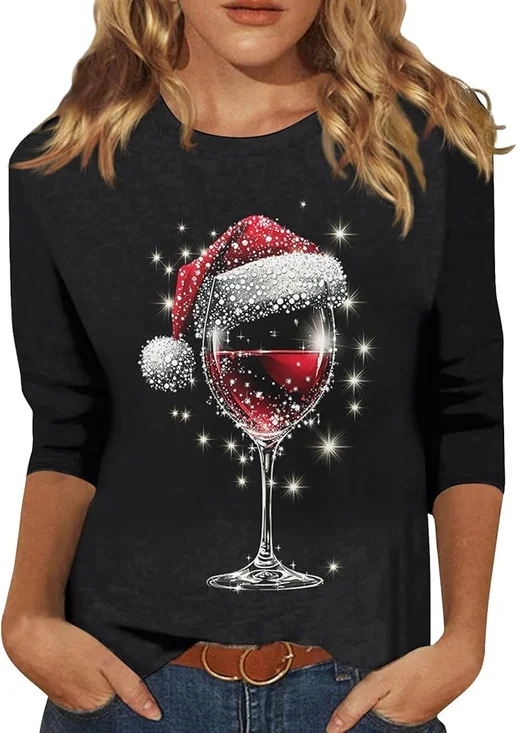 Rundhals Langarm Weihnachten Wein Glas Regelmäßig Mittlere Elastizität Weit Bluse für Damen