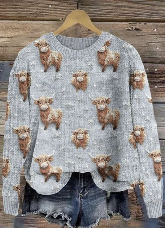Damen Gestrickt 3d Drucken Langarm Bequem Lässig Pullover