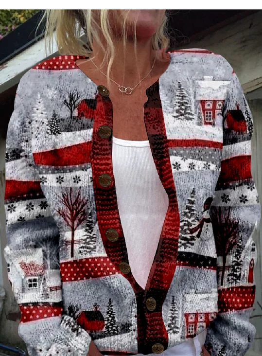Damen Gestrickt 3d Drucken Langarm Bequem Retro Strickjacke