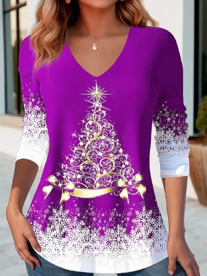 V-Ausschnitt Langarm Weihnachten Warmbohren Regelmäßig Mikroelastizität Weit Bluse für Damen