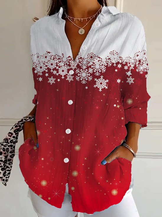 Hemdkragen Langarm Weihnachten Regelmäßig Weit Bluse für Damen