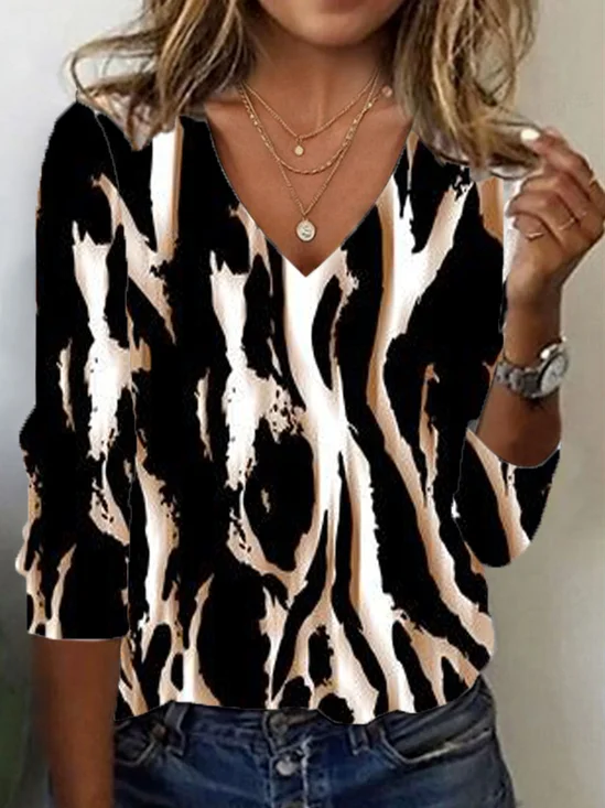 Lässig Leopard V-Ausschnitt Langarm T-Shirt