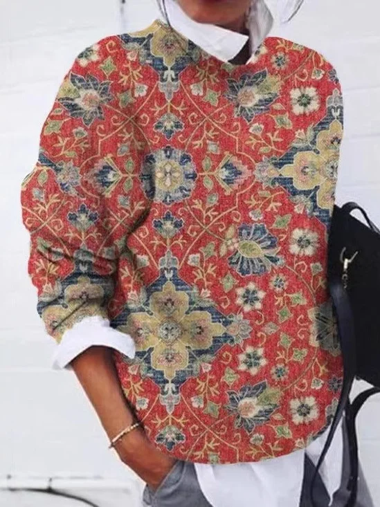 Lässig Rundhals Geblümt Sweatshirt Reißverschluss