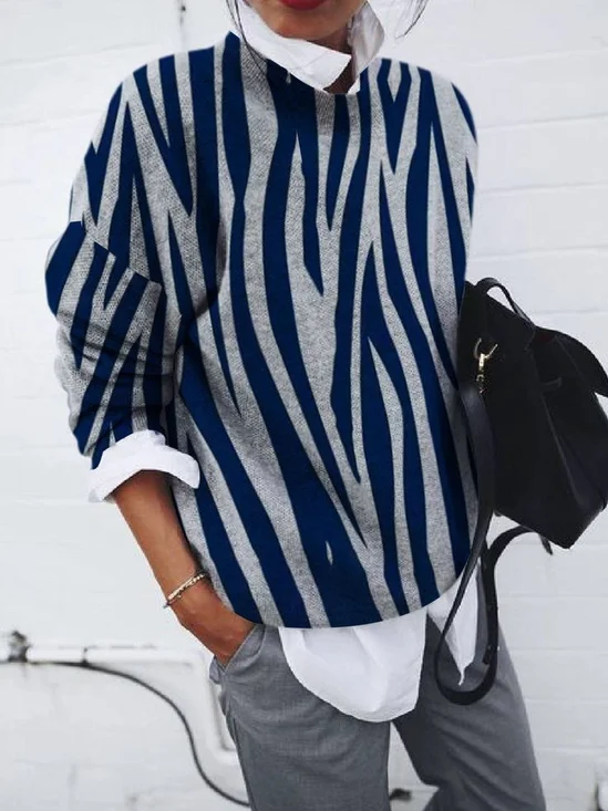 Lässig Rundhals Gestreift Sweatshirt Reißverschluss