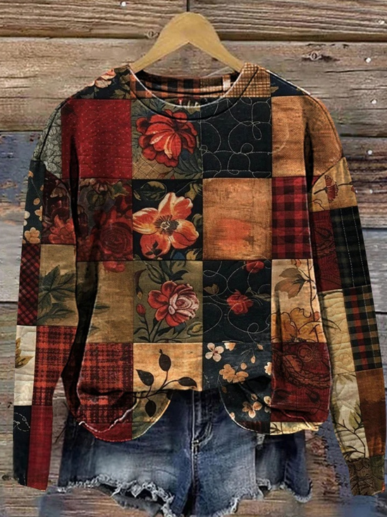 Retro Rundhals Kariert Sweatshirt
