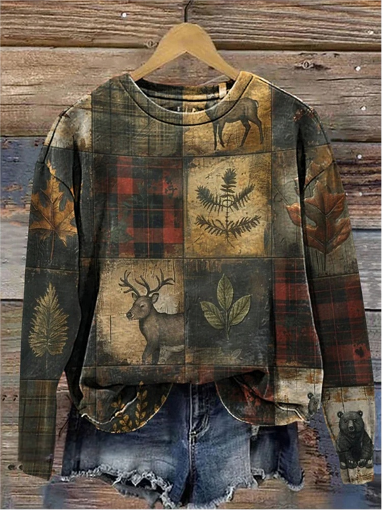 Retro Rundhals Kariert Sweatshirt