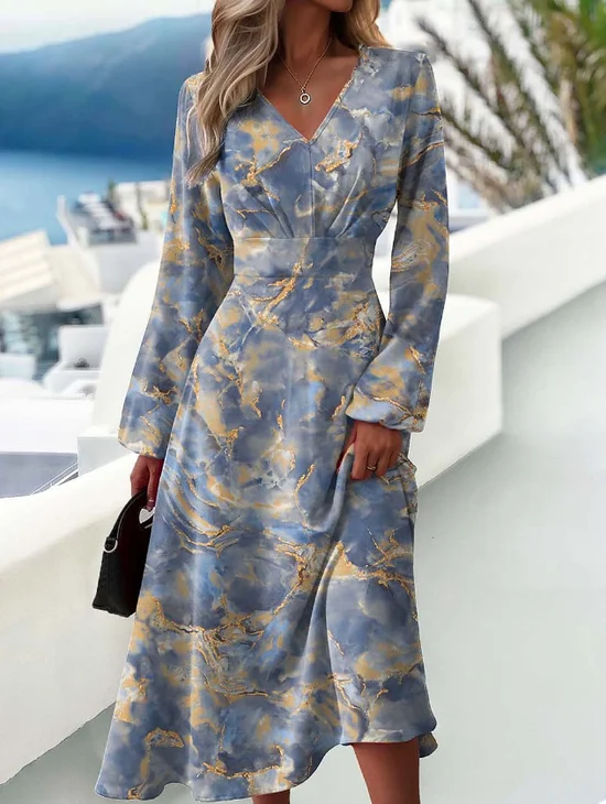 Damen 3d Drucken Ballon-Ärmel Frühling/Herbst Kleid V-Ausschnitt Langarm A-Linien-Kleid