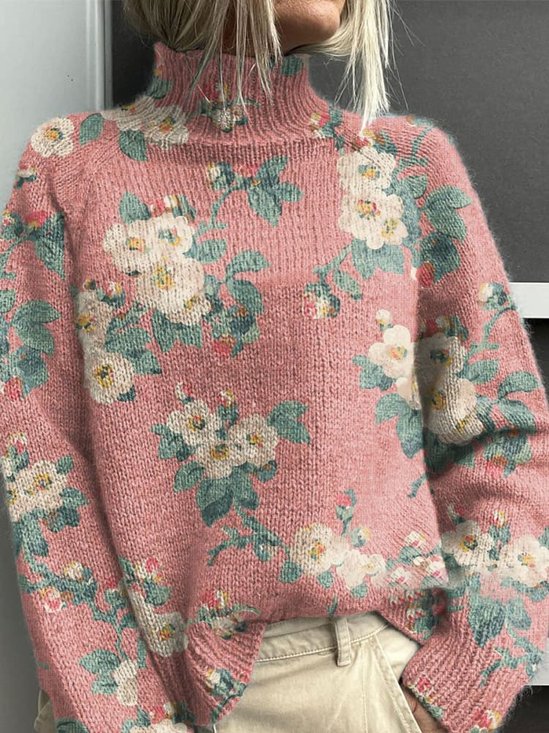 Lässig Rollkragen Geblümt Sweatshirt