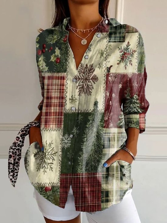 Hemdkragen Langarm Weihnachten Regelmäßig Weit Bluse für Damen