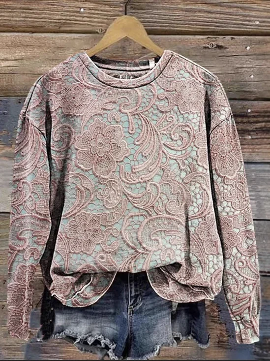 Lässig Rundhals Geblümt Sweatshirt