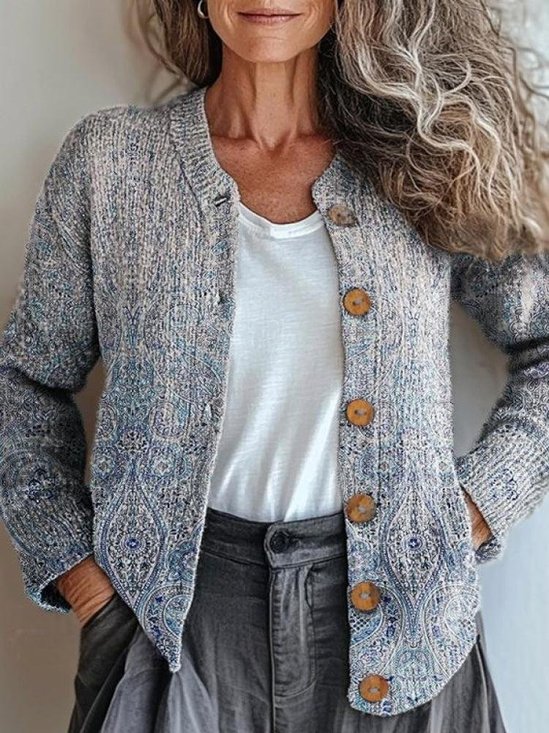 Damen Gestrickt Paisley Langarm Bequem Retro Strickjacke