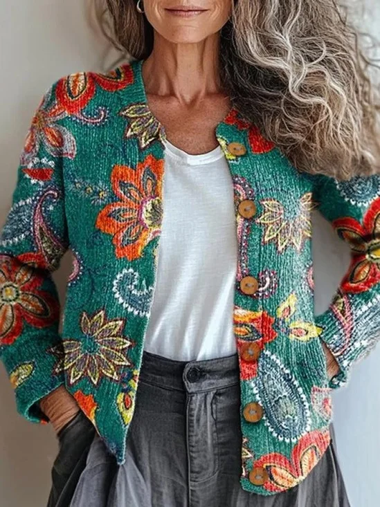 Damen Gestrickt Paisley Langarm Bequem Retro Strickjacke