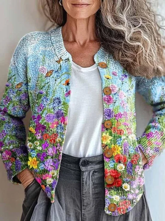 Damen Gestrickt Paisley Langarm Bequem Retro Strickjacke