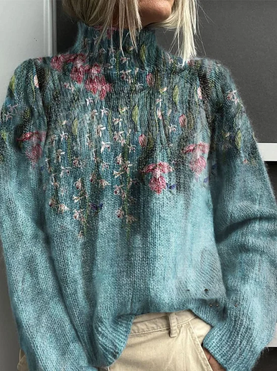 Lässig Rollkragen Geblümt Sweatshirt