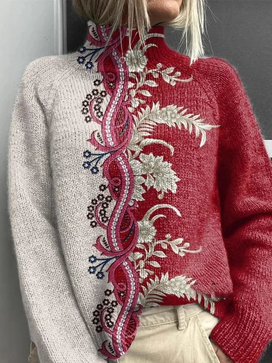 Lässig Rollkragen Geblümt Sweatshirt