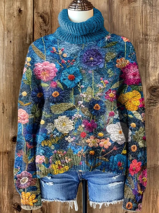 Lässig Rollkragen Geblümt Sweatshirt