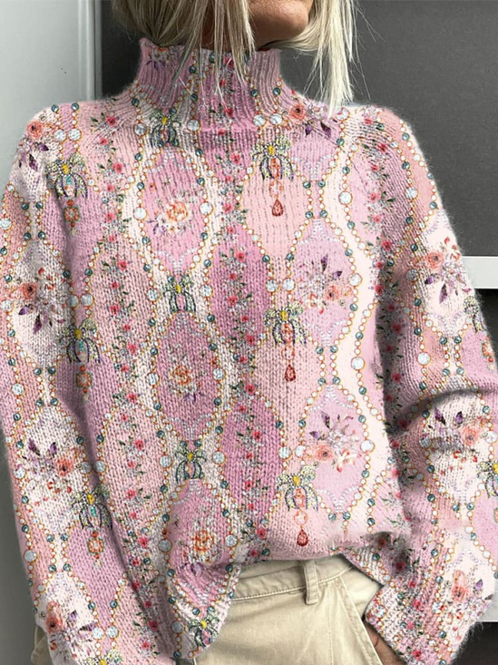 Lässig Rollkragen Geblümt Sweatshirt