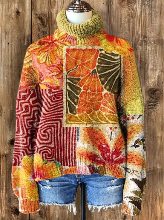 Lässig Rollkragen Geblümt Sweatshirt