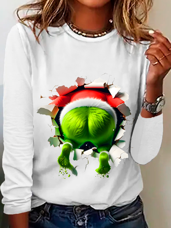 Rundhals Langarm Weihnachten Regelmäßig Mittlere Elastizität Weit Bluse für Damen