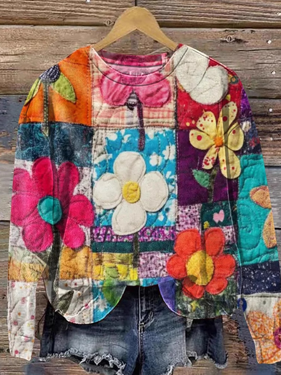 Lässig Rundhals Geblümt Sweatshirt