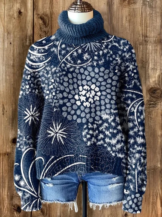 Lässig Rollkragen Geblümt Sweatshirt