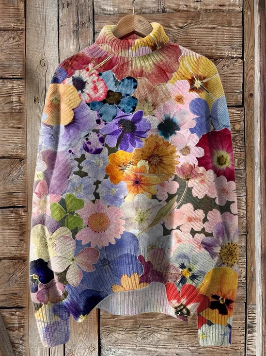 Lässig Rollkragen Geblümt Sweatshirt