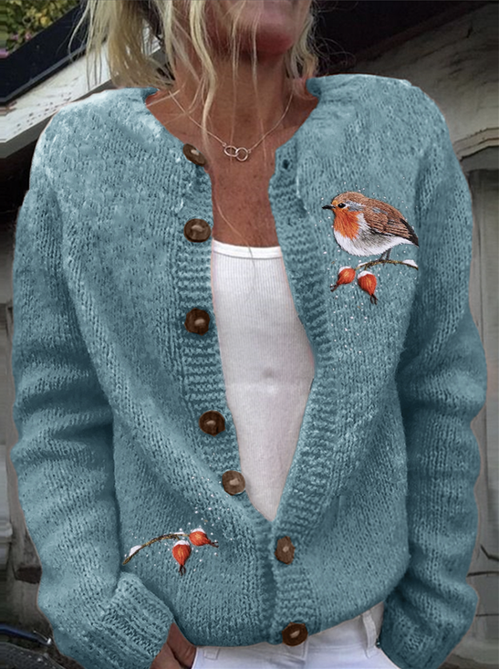 Damen Wolle/Stricken Geblümt Langarm Bequem Lässig Strickjacke