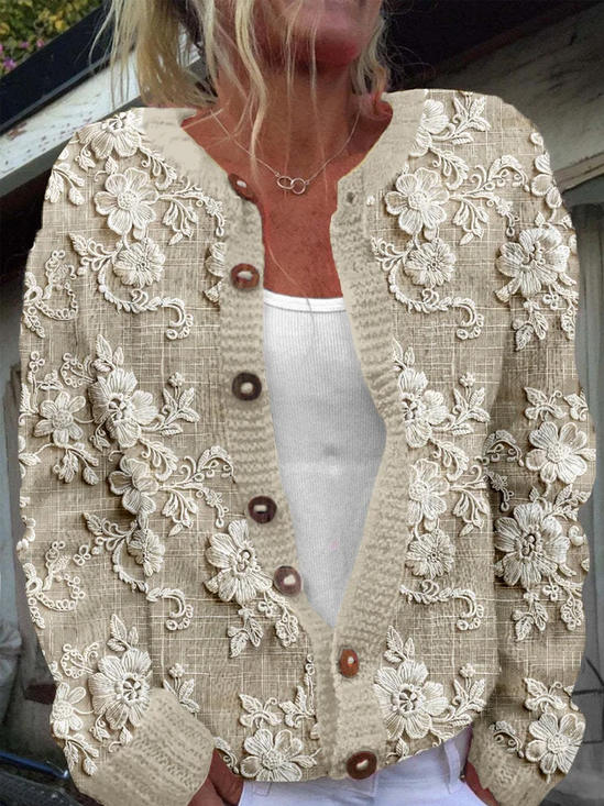 Damen Gestrickt 3d Drucken Langarm Bequem Retro Strickjacke
