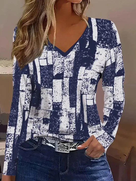 Lässig Abstrakt V-Ausschnitt Langarm T-Shirt