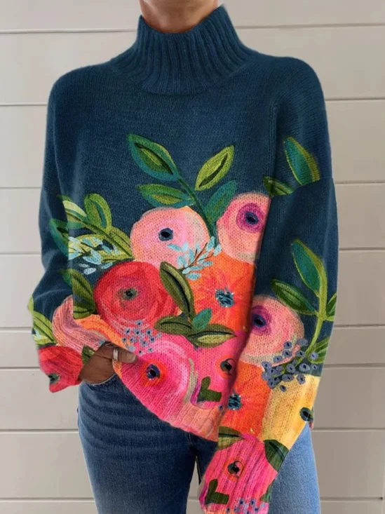 Lässig Rollkragen Geblümt Sweatshirt